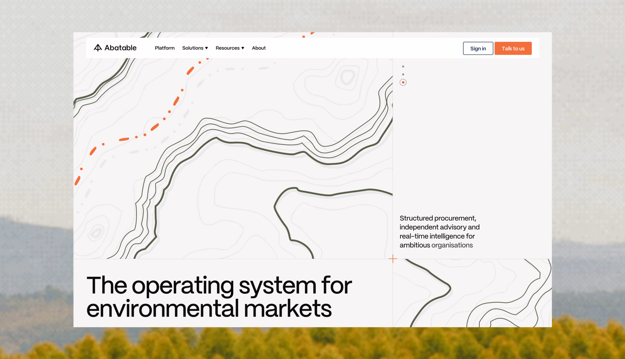 The new Abatable homepage hero: topographic contour textures behind the headline “The operating system for environmental markets”