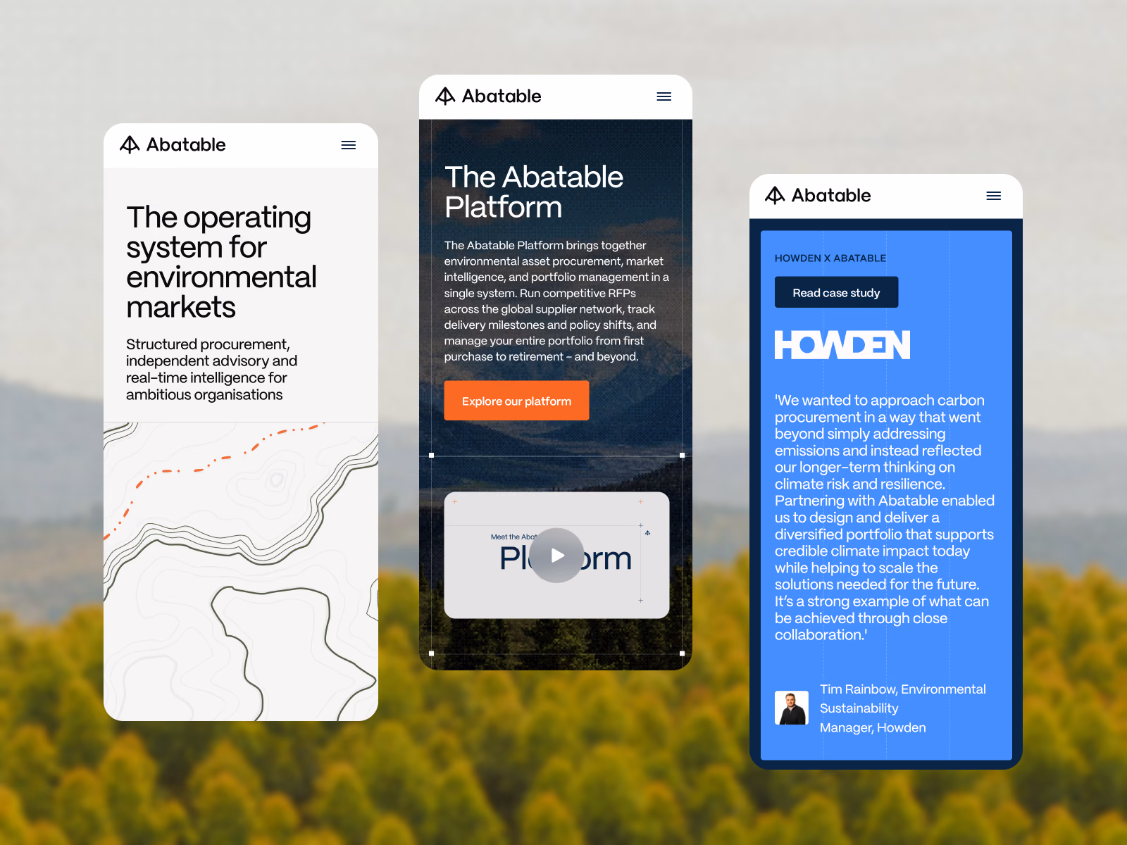 Three mobile screens: the homepage hero, the Abatable Platform page with a video, and a Howden case-study testimonial