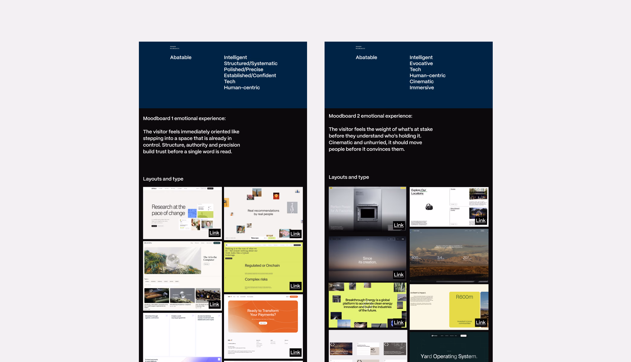 Two moodboards for Abatable, one structured and precise, one cinematic and immersive, each with reference layouts
