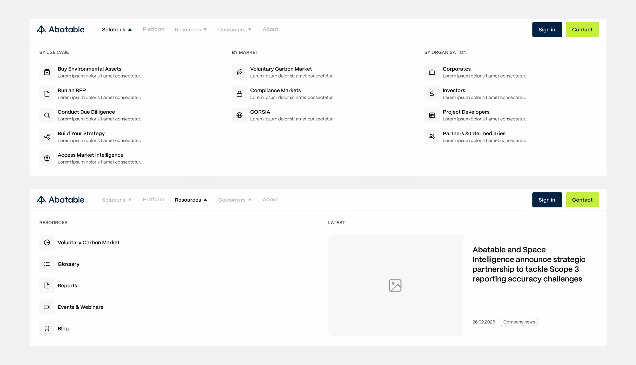 The Solutions mega menu grouped by use case, market and organisation, and the Resources mega menu with a latest-news card