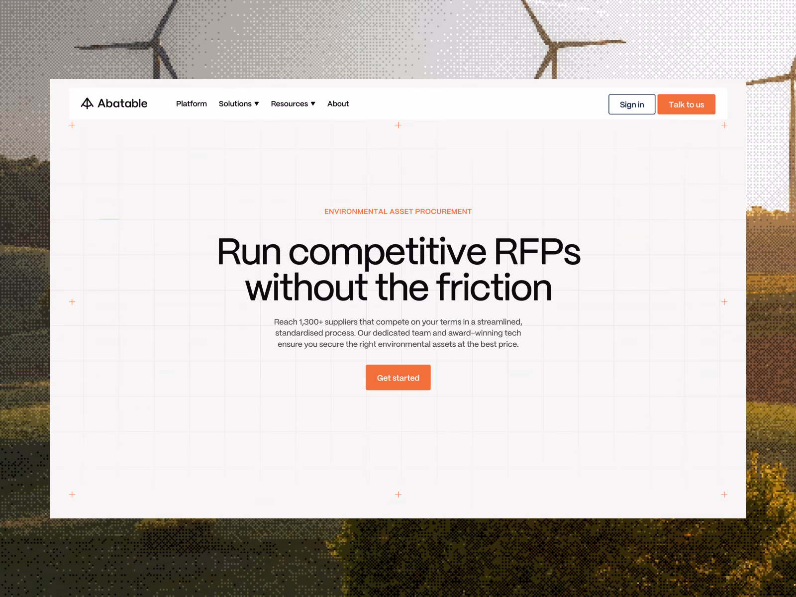 The Run an RFP solution page: “Run competitive RFPs without the friction” on a grid, framed by a dithered wind-farm photograph