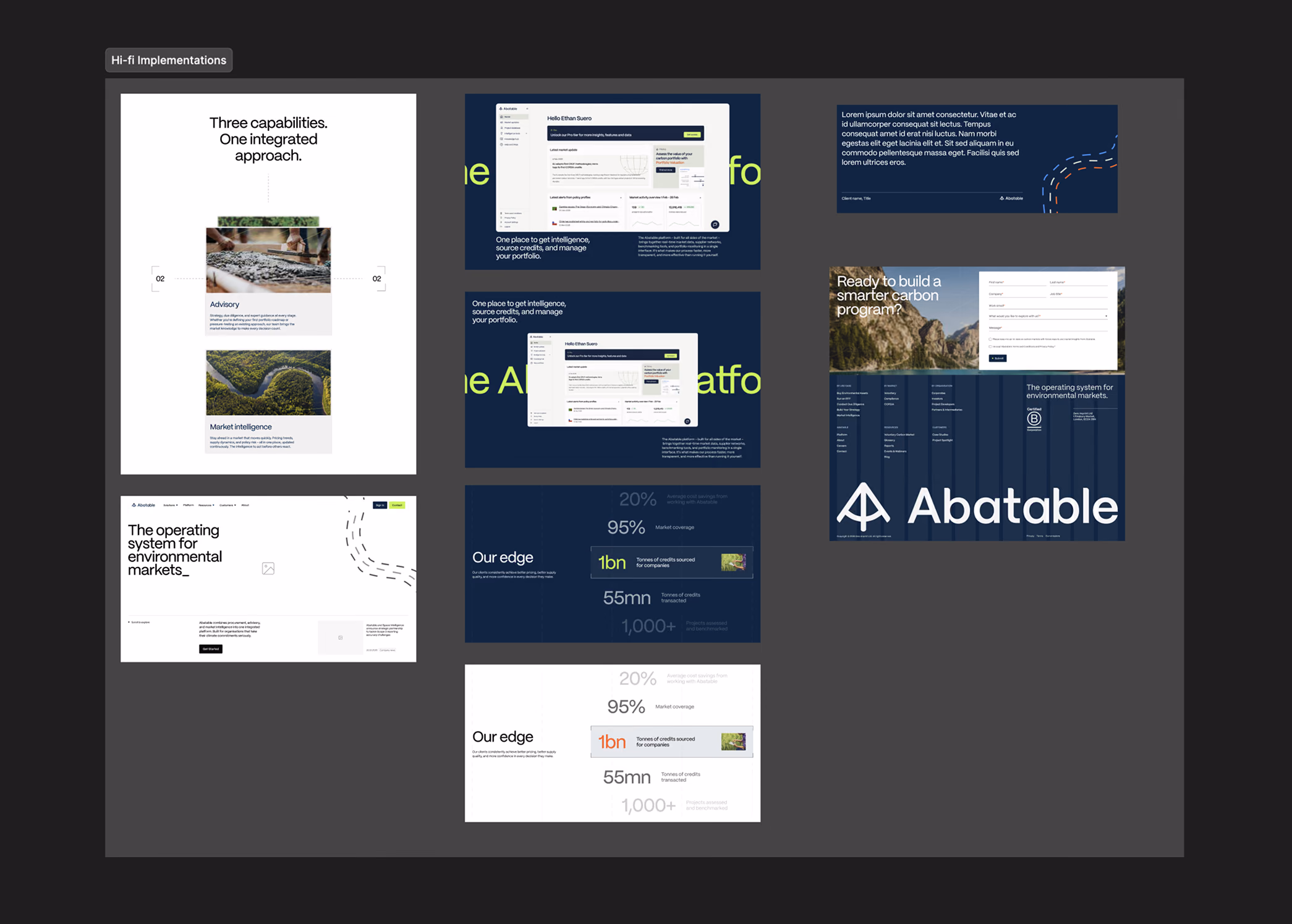Hi-fi implementations: real website sections designed in each direction with Abatable's content